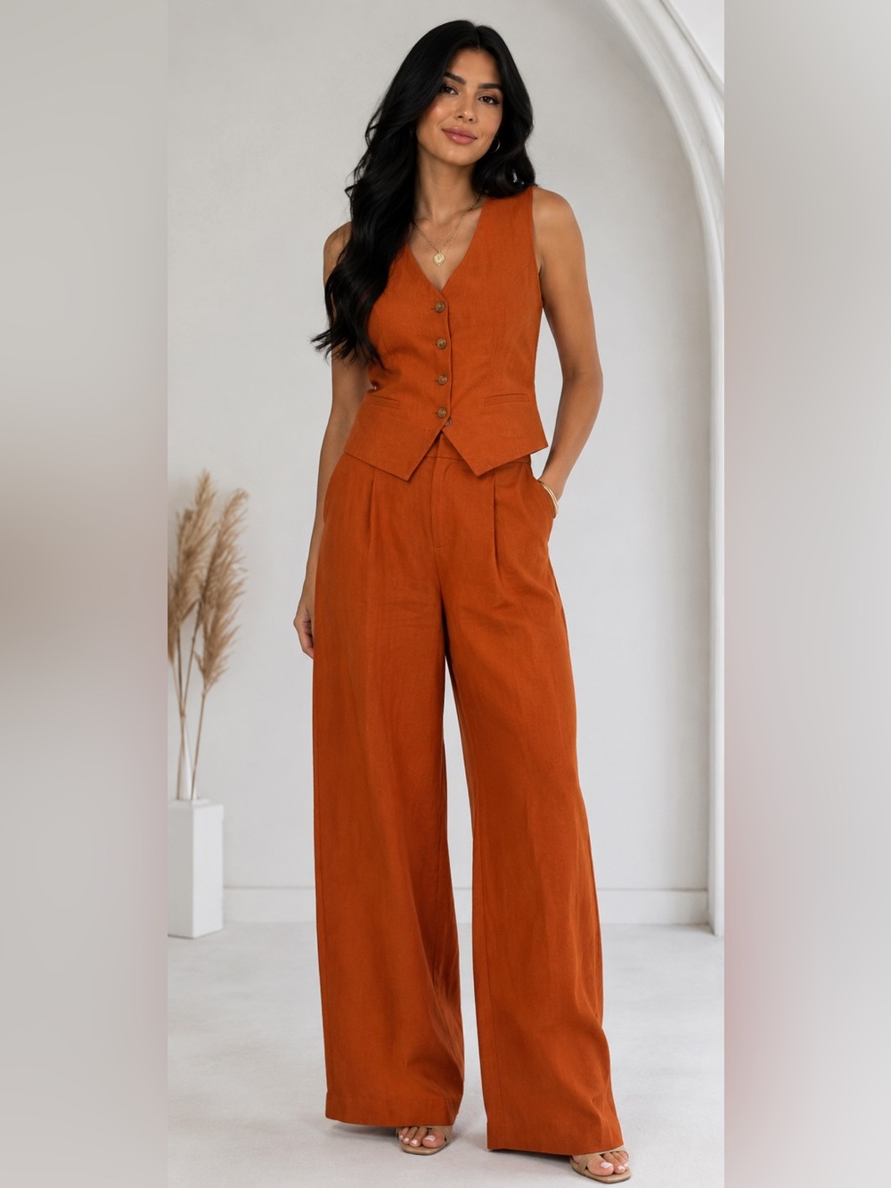 Commense Linen High Rise Wide-Leg Pant Suit Vest Set in Rust Orange
